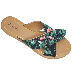 Black Tropical Print Knotted Bow Slide Sandals